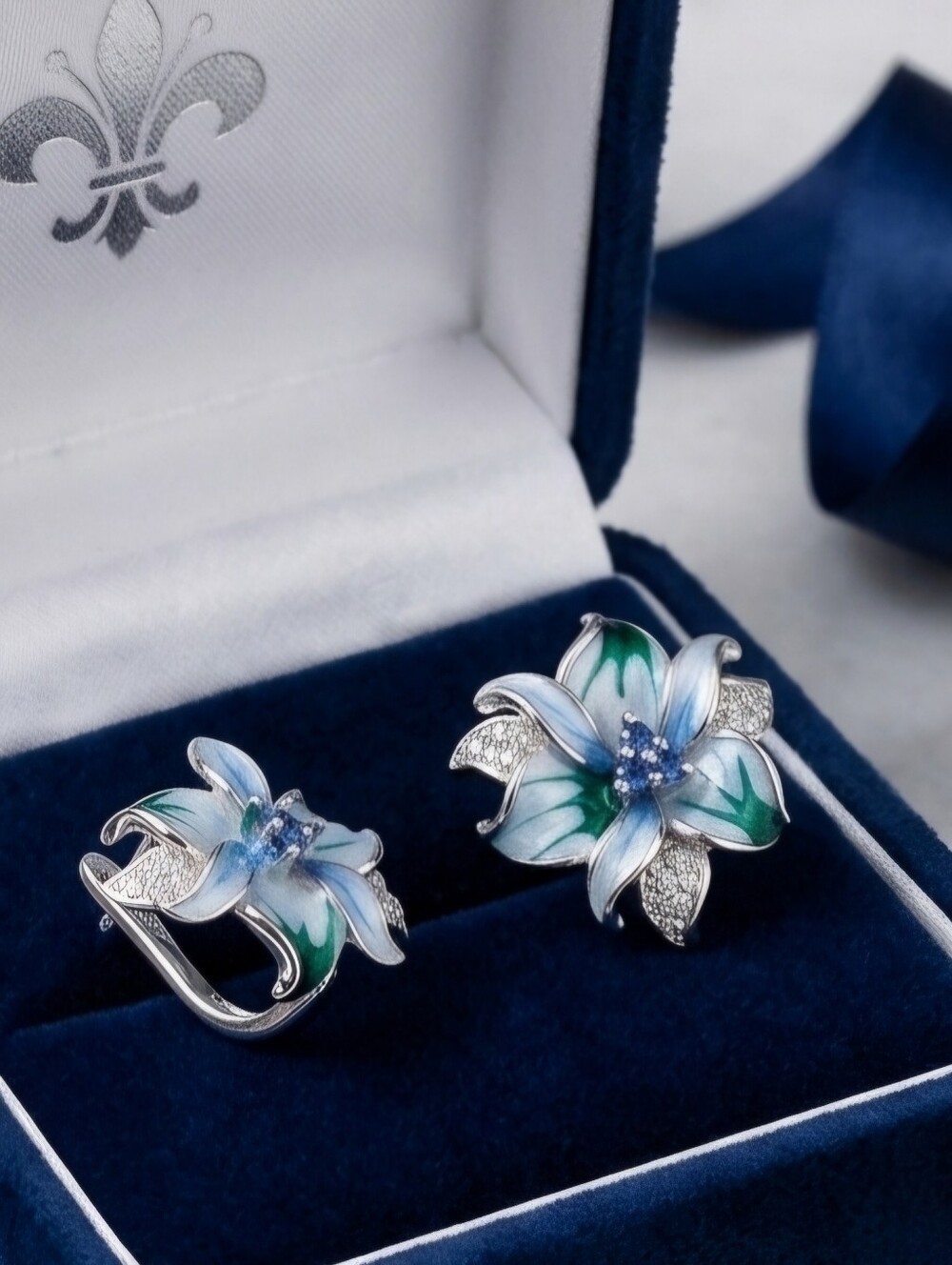 Elegant Floral Green and Blue Earrings